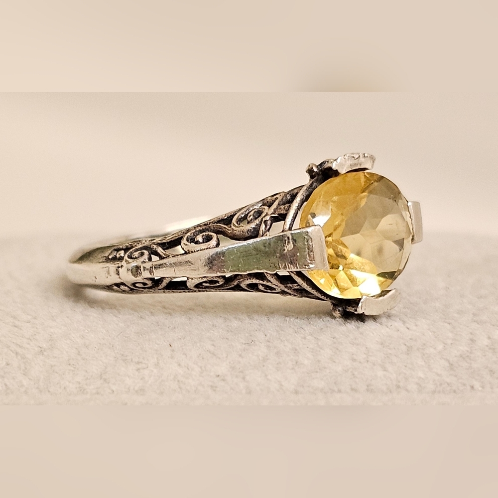 925 Sterling Silver and Citrine Filagree Ring Size 8.5